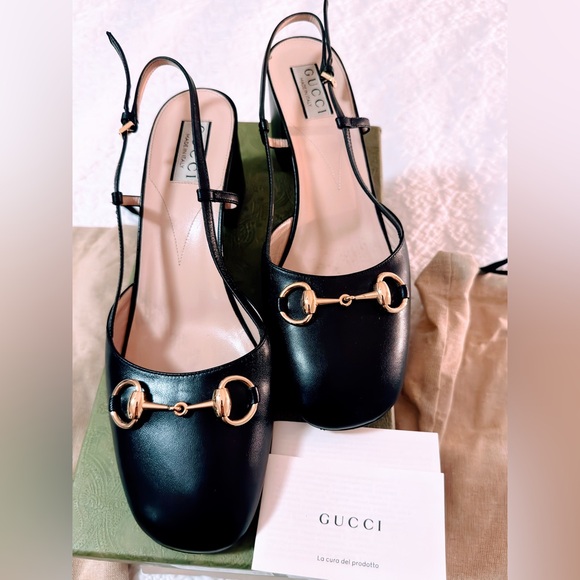 Gucci Black Leather Horsebit Slingback Pumps with Gold Accents - Picture 2 of 8